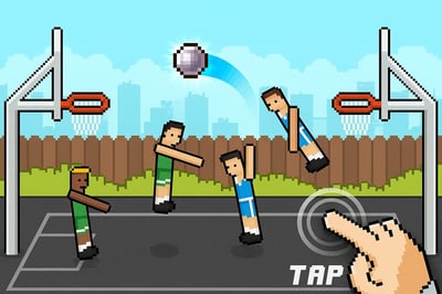 A basketball game with a player jumping for the ball.